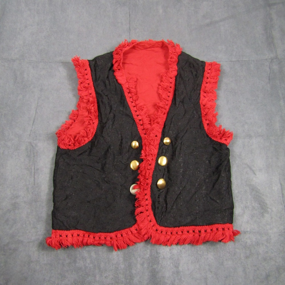 Fringe Trim Vest Women M Black Red Gold Button Boho Festival Vest